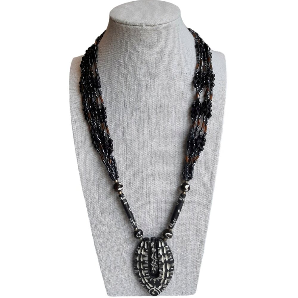 Vintage Beaded Tribal Carved Wood Pendant Necklace
